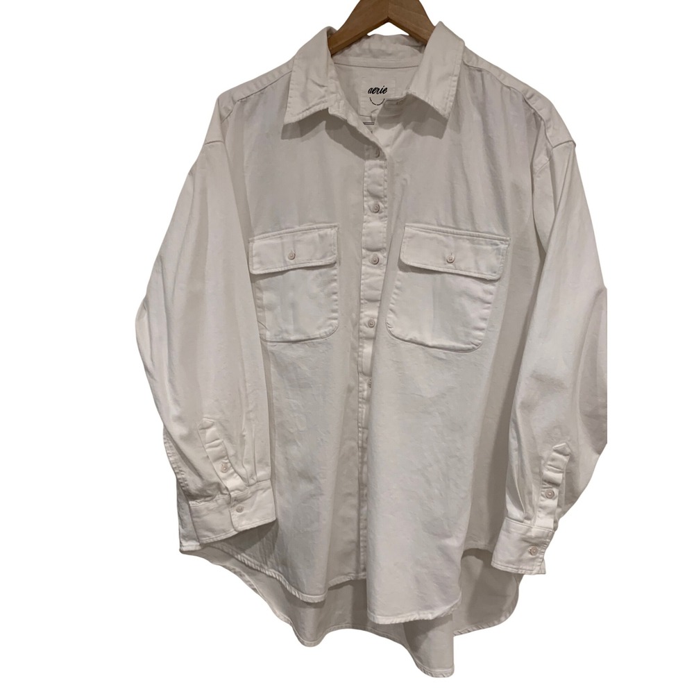 Aerie Womens White thick Cotton Relaxed Button up Shirt costal clean girl Medium